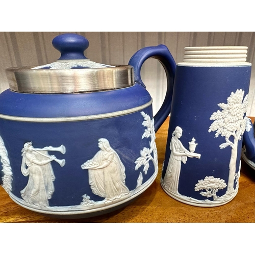 540 - Collection of Wedgwood, including Blue Jasper vase 7'' high, trinket box, three pin dishes, and cup ... 