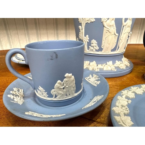 540 - Collection of Wedgwood, including Blue Jasper vase 7'' high, trinket box, three pin dishes, and cup ... 