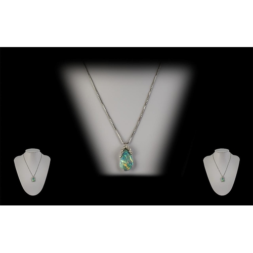 7 - Superb Quality Black Opal and Diamond Set Pendant - Attached to a 18ct White Gold Chain. Both Marked... 