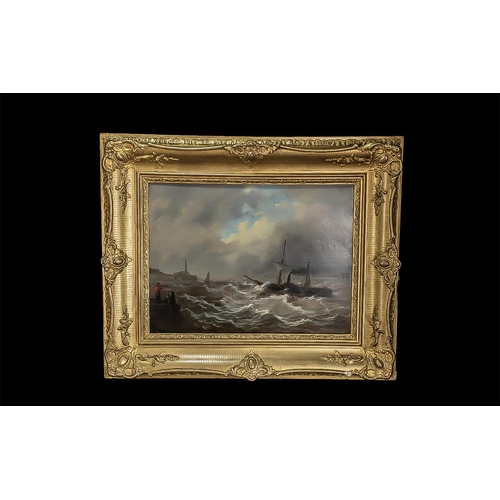 940 - A Pair of Antique Oil on Boards Seascapes. vessels in a stormy sea. Framed, image measure 11.5'' x 1... 