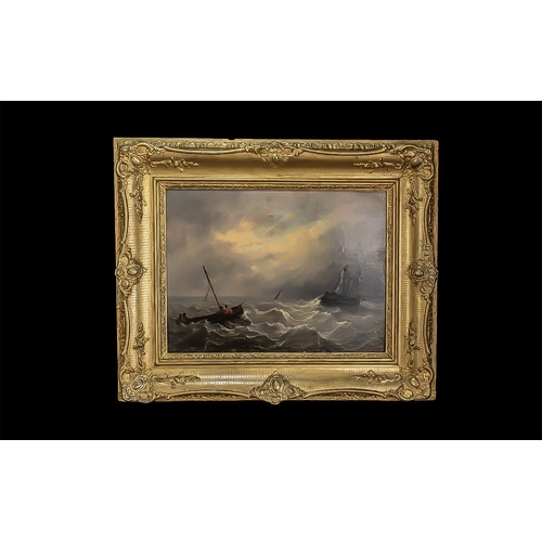 940 - A Pair of Antique Oil on Boards Seascapes. vessels in a stormy sea. Framed, image measure 11.5'' x 1... 