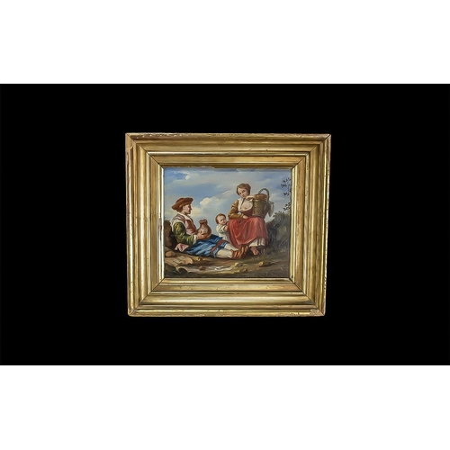 945 - Antique Oil on Panel, depicting rural parents and a child with a picnic basket and jug, in a country... 