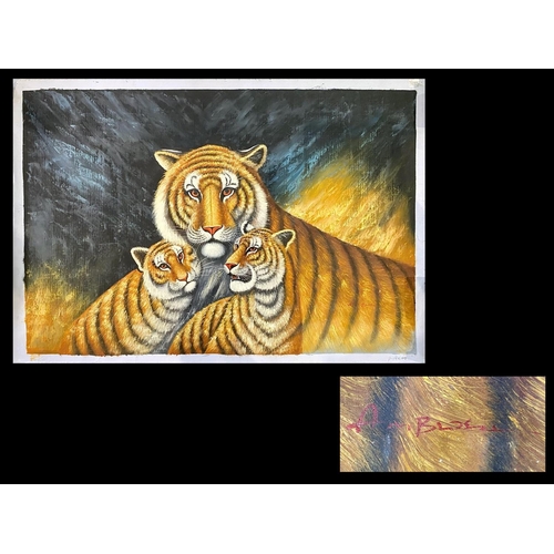 966 - Two Large Oil on Canvas Unframed Paintings, one depicting a tiger and two cubs, the other a mountain... 