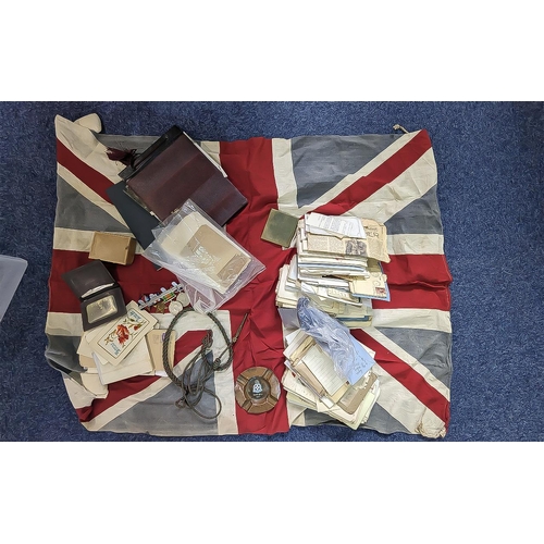 1364 - Military Related Ephemera - comprising four WWII medals, Union Jack flag, two silk postcards, photo ... 