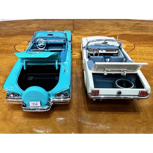 1379 - Two Danbury Mint Collector's Classic Cars, a 1958 Chevrolet Impala in turquoise, and a 1966 Ford Mus... 