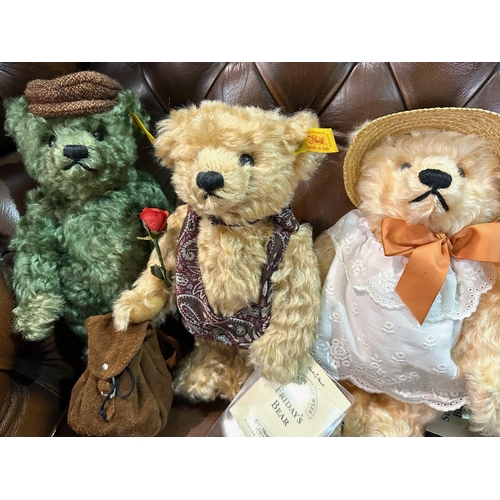 1382 - Four Steiff Teddy Bears, comprising Thursday's Bear, plush green wool with backpack, 9.5'' tall, Fri... 