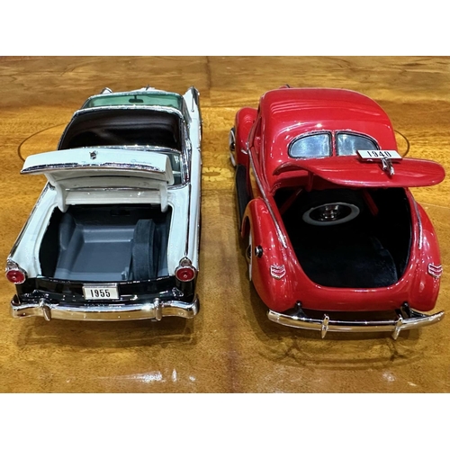 1385 - Two Danbury Mint Collector's Classic Cars, a 1940 Ford Deluxe Coupe in red, and a 1955 Ford Fairlane... 