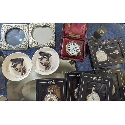 1409 - Box of Collectibles, including a collection of Heritage Pocket watches, a glass inkwell, mantle cloc... 