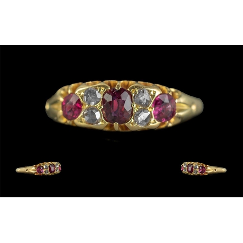 20 - Antique Period - Attractive 18ct Gold Ruby and Diamond Set Ring, Gallery Setting. Full Hallmark for ... 