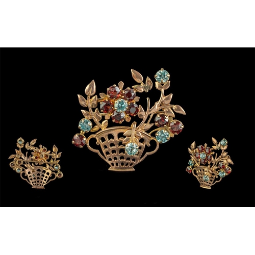 225 - A 9ct Gold Brooch In the Form of a Basket - Set with Flowers ( Garnets and Aquamarines ) Set, Maker ... 