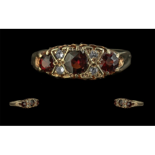 242 - Antique Period - Attractive 9ct Gold Garnet and Diamond Set Ring, Gallery Setting. Full Hallmark to ... 