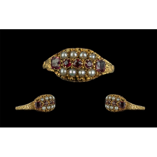 25 - Ladies Antique Period Attractive 15ct Gold Pearl and Garnet Set Ring, Excellent Design. Full Hallmar... 