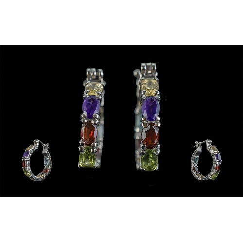 261 - Multi Gemstone Hoop Earrings, each hoop set with oval cuts of citrine, amethyst, red garnet and peri... 