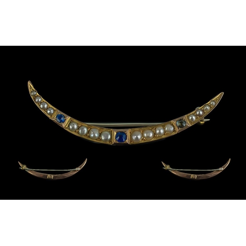 271 - Antique Period Attractive 9ct Gold Blue Sapphire and Seed Pearl Set Crescent Shaped Brooch, In Origi... 