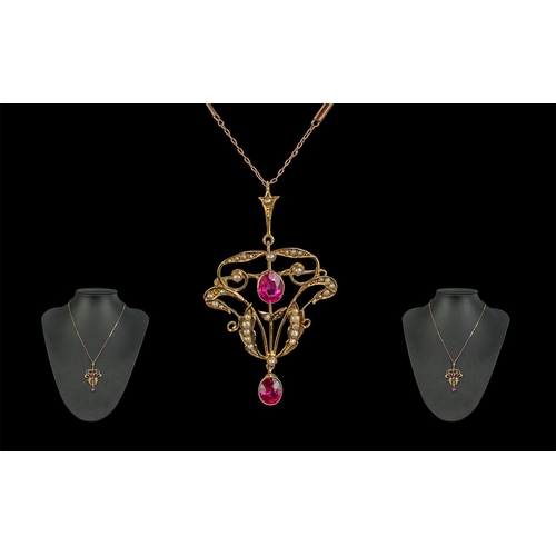 275 - Edwardian Period 1901 - 1910 Attractive 9ct Gold Ruby and Seed Pearl Set Open Worked Pendant Drop / ... 