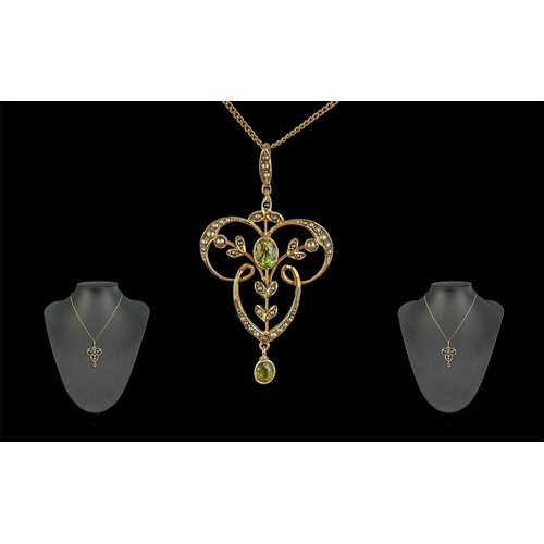 276 - Edwardian Period 1901 - 1910 9ct Gold Open Worked Pendant Drop, Set with Peridots and Seed Pearls. B... 