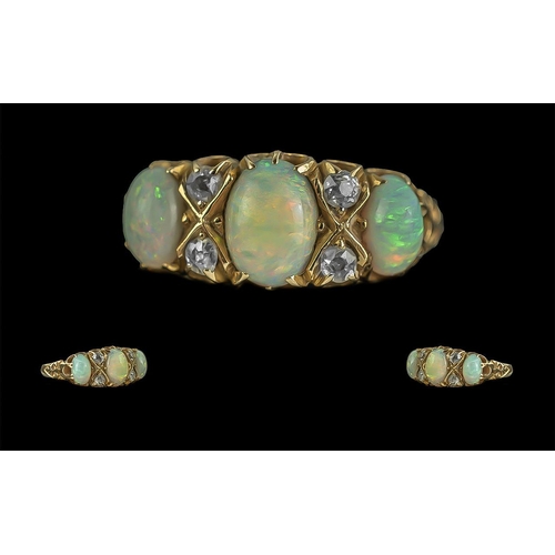 27A - Antique Period - Attractive and Pleasing Designed 18ct Gold Opals and Diamonds Set Ring. Gallery Set... 