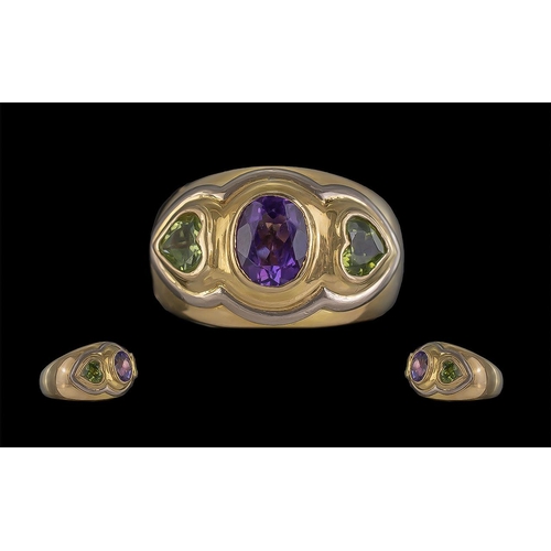 28A - 18ct Gold Heavy Gold Quality 3 Stone Peridot & Amethyst Set Dress Ring - Marked 750 To Shank. The Te... 