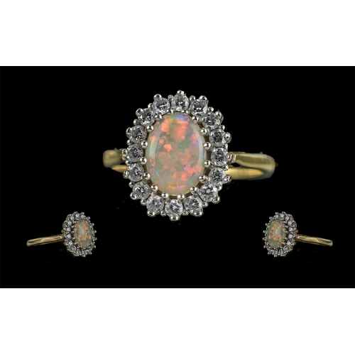 29B - Ladies - 18ct Gold Excellent Quality Opal and Diamond Set Dress Ring, Good Setting. Full Hallmark to... 