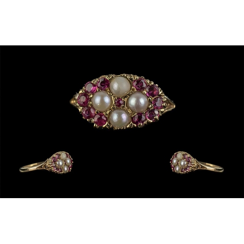 307 - Victorian Period 1837 - 1901 Attractive 9ct Gold Garnet and Pearl Set Cluster Ring. Hallmark Birming... 