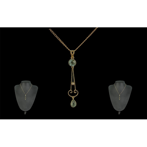 323 - Art Nouveau Attractive 9ct Gold Seed Pearl and Aquamarine Set Necklace with Integral Drop, Marked 9c... 