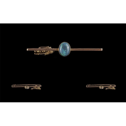 331 - Antique Period Attractive 9ct Gold Opal Set Stick Brooch, Marked 9ct. The Central Opal of Good Colou... 