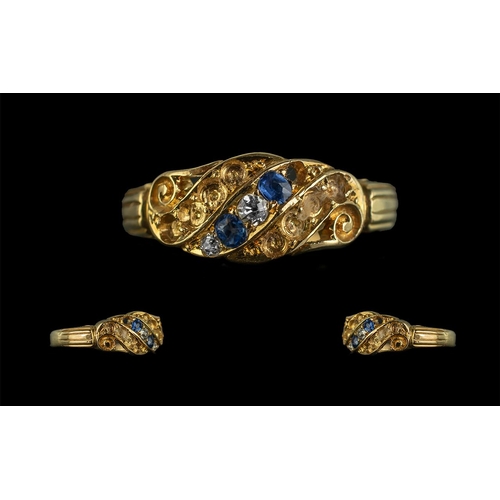 36 - Victorian Period - Attractive and Petite 18ct Gold Diamond and Sapphire Set Ring. Marked 18ct to Int... 