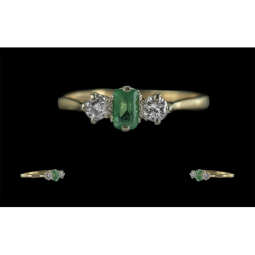 37B - Ladies 18ct Gold Pleasing Quality 3 Stone Diamond and Emerald Set Ring. Marked 18ct to Shank. The Ce... 