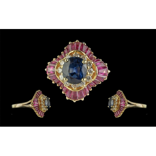 4 - 18ct Yellow Gold Excellent and Superior Quality Ruby - Sapphire and Diamond Set Cluster Ring. Pleasi... 