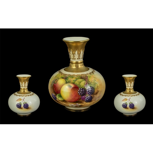 507 - Royal Worcester Small Hand Painted and Signed Bulbous Vase ' Fruits ' Stillife - Apples, Berries. Si... 