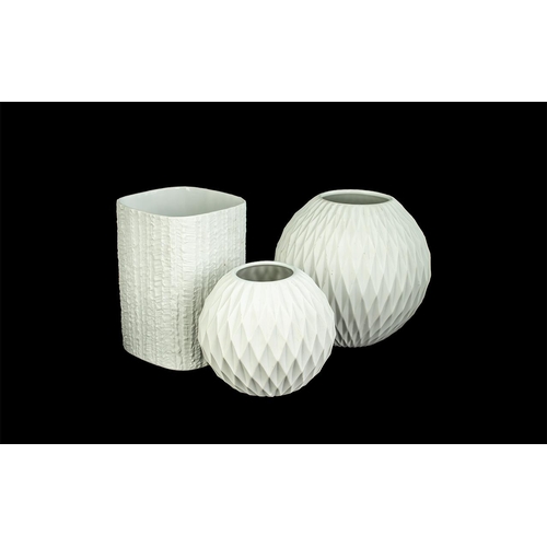 521 - Three West German Thomas Modernist 1960's Op Art White Porcelain Vases, two round vases measure 7'' ... 