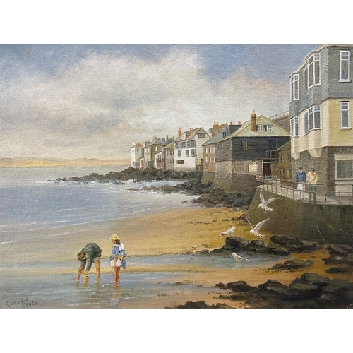 976 - Original Oil on Canvas Painting of St Ives, depicts a sandy bay and cottages and figures.  Overall s... 