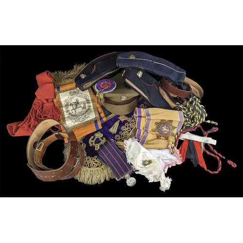 1307 - Collection of Military Items, Includes Caps, Hats, Elaborate Sash Belts etc.