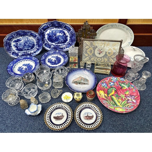 1567 - Box of Assorted Glassware & Pottery, including a quantity of mixed plates, a glass dressing table tr... 