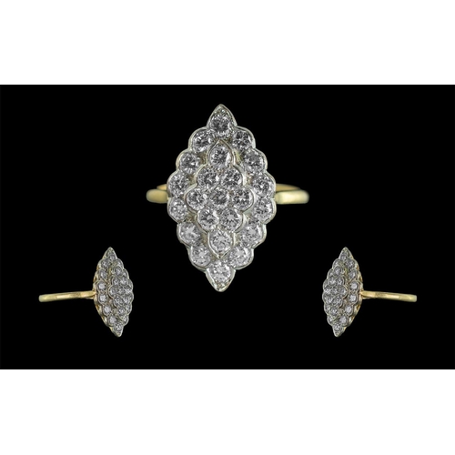 37 - Ladies - Excellent 18ct Gold Marquise Shaped Diamond Set Cluster Ring, Marked 18ct Gold to Shank. Th... 