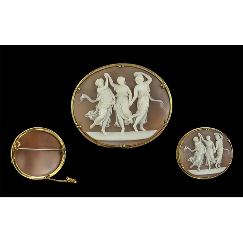 39A - Victorian Period 1837 - 1901 Excellent Quality 9ct Gold Mounted Shell Cameo, Depicting the 3 Graces ... 