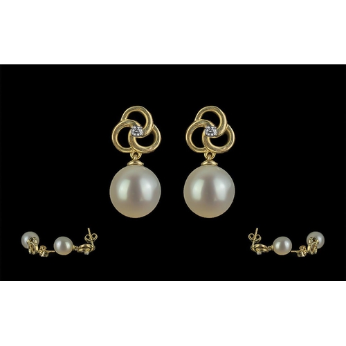 485 - Pair of 9ct Yellow Gold Round Freshwater Pearl and Diamond Pinwheel Earrings, boxed. Diamonds 0.05ct... 