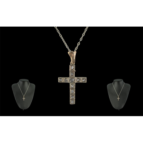 489 - High Carat Gold Cross Set with Mixed Rose Cut Diamonds, suspended on an 18'' chain.