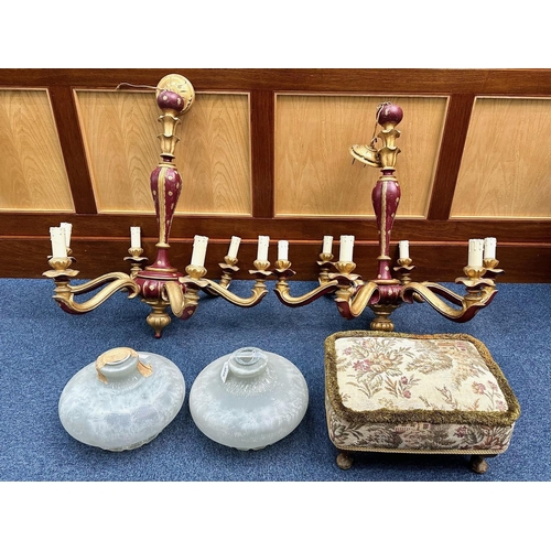 1018 - Two Wooden Chandeliers, painted in burgundy and gilt. Five branch with candle lights, circa 1920's. ... 