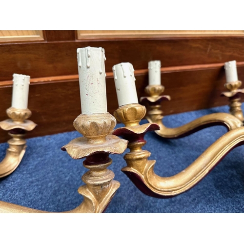 1018 - Two Wooden Chandeliers, painted in burgundy and gilt. Five branch with candle lights, circa 1920's. ... 