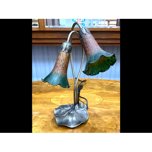 1041 - Servlite Vintage Style Lamp, with two amber and green coloured trumpet shades raised on a metal lily... 