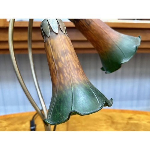 1041 - Servlite Vintage Style Lamp, with two amber and green coloured trumpet shades raised on a metal lily... 