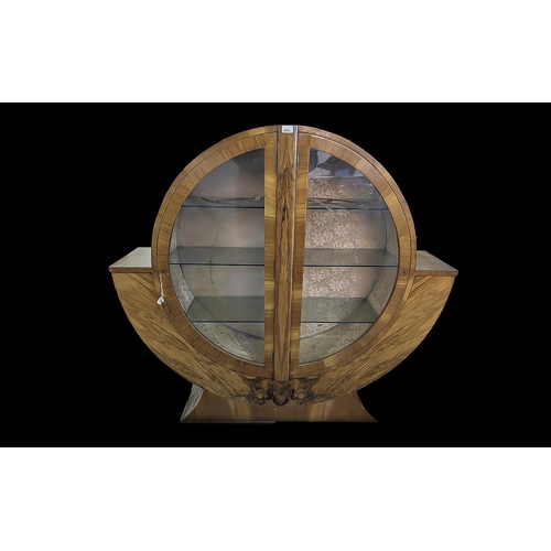 1053 - Art Deco Walnut Display Unit Sunburst Circular Form, stepped side with three interior shelves.  Glaz... 