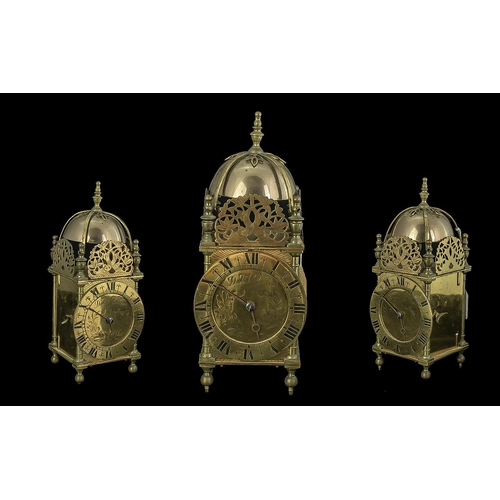 1101 - 19th/20th Century Brass Lantern Clock, chapter dial with Roman numerals, dial mark Daniel Quare. Hei... 