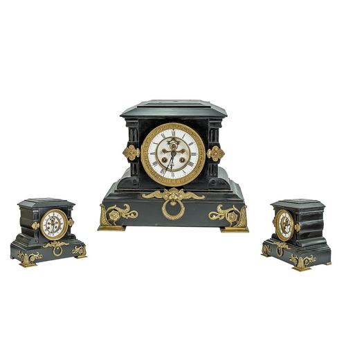 1105 - Belgium Black Slate Mantle Clock of architectoral form, brass mounts.