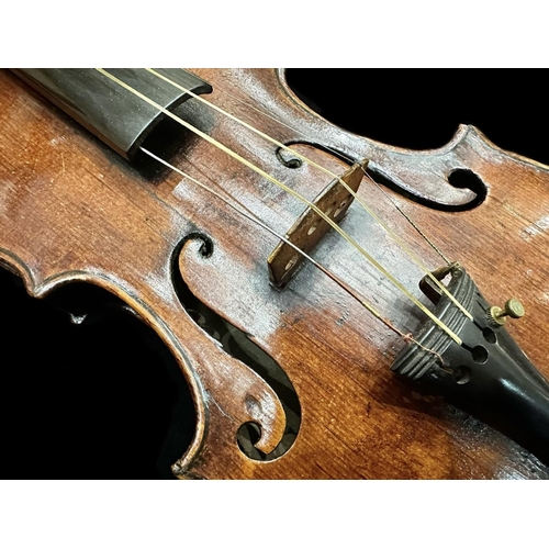 1122 - 19th Century Violin, one piece back, no paper label, unmarked.  With hard case and two bows.  Length... 