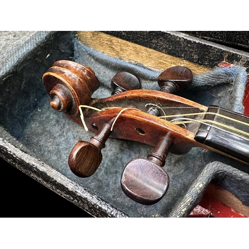 1122 - 19th Century Violin, one piece back, no paper label, unmarked.  With hard case and two bows.  Length... 