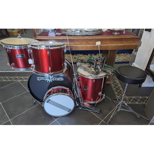 1166 - Five Piece Gear4Music Acoustic Drum Set with cymbals and stool, in red finish.  Excellent condition.