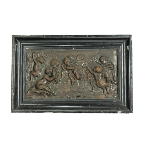 1230 - Cast Iron Fireback, depicting cherubs and animals, framed, measures 11'' x 17''.  With hanging chain... 