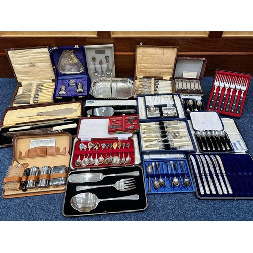 1240 - Large Collection of Boxed Plated Ware comprising assorted spoons, cruet set, fish knives and forks, ... 